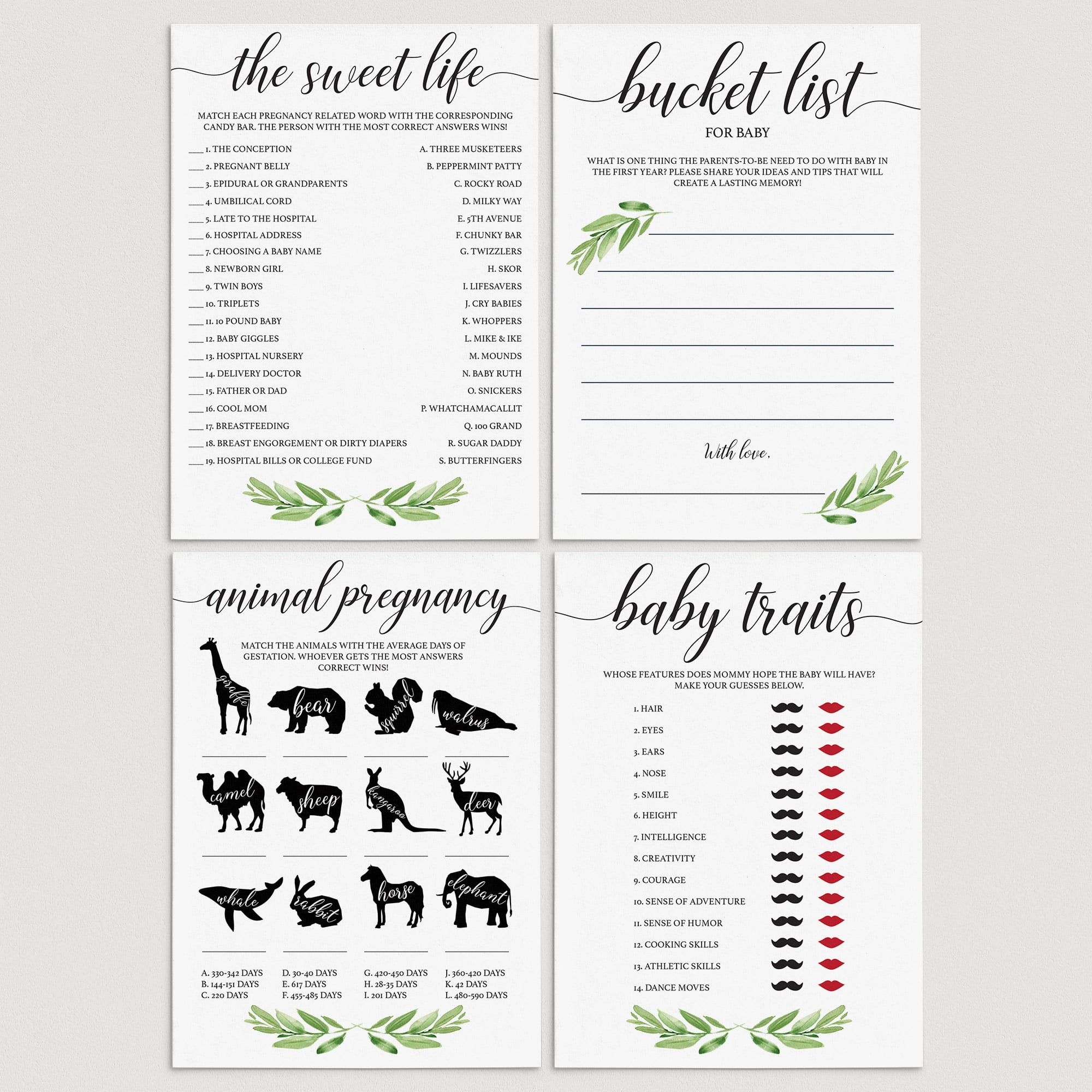 Baby Shower Games Package Printable Greenery Themed by LittleSizzle