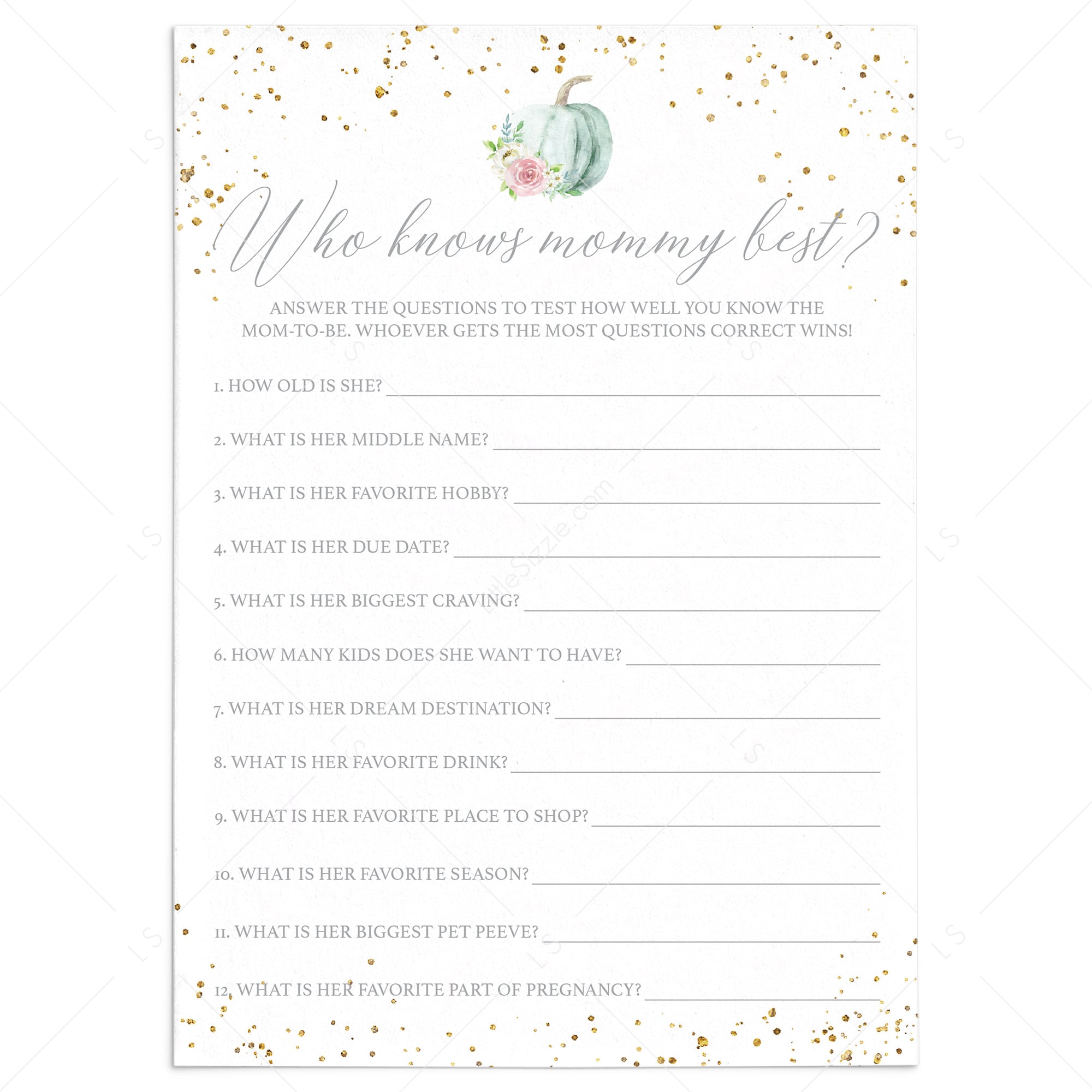 Pumpkin Baby Shower Game Who Knows Mommy Best Printable by LittleSizzle