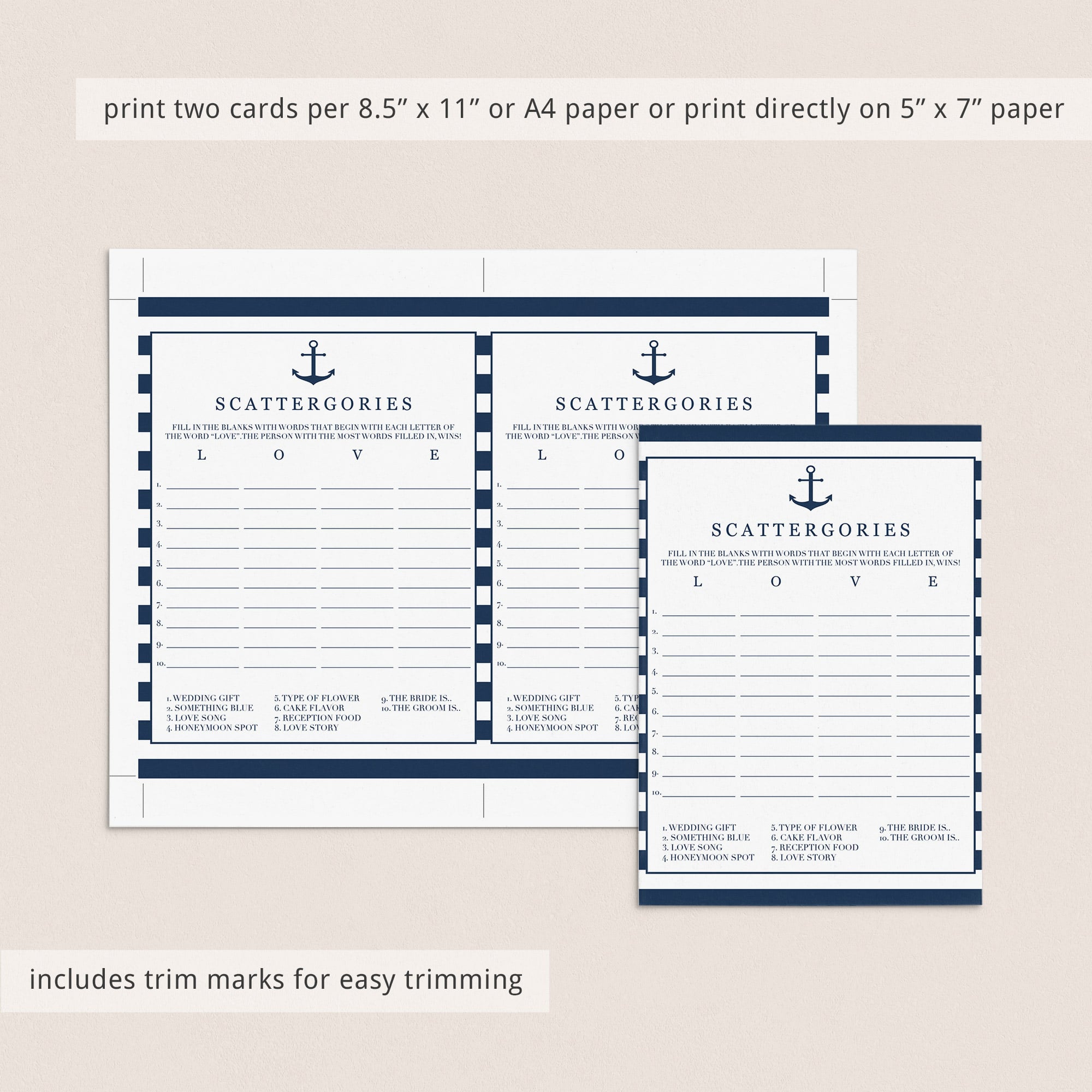 anchor bridal shower categories game printable