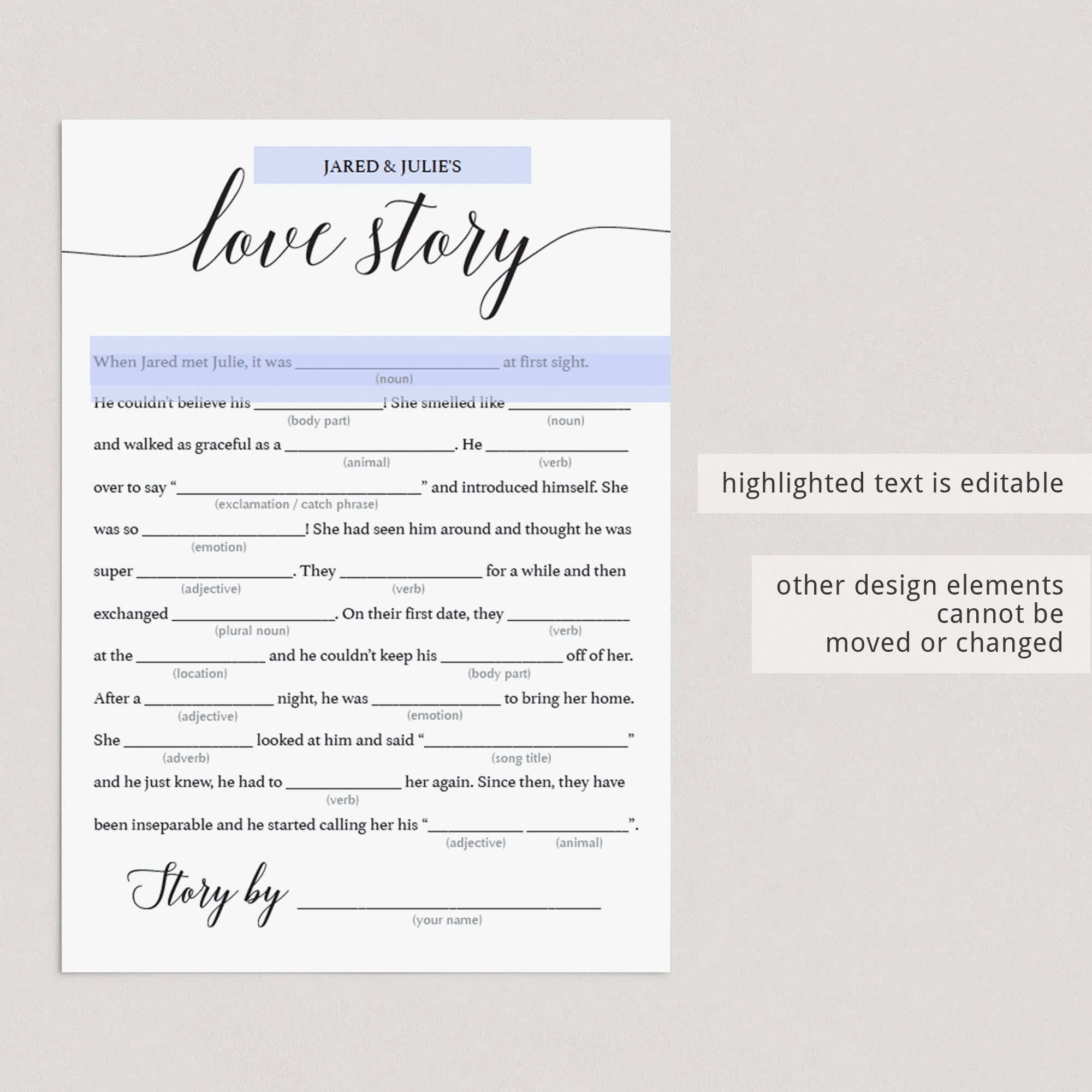 Editable bridal shower mad libs game by LittleSizzle
