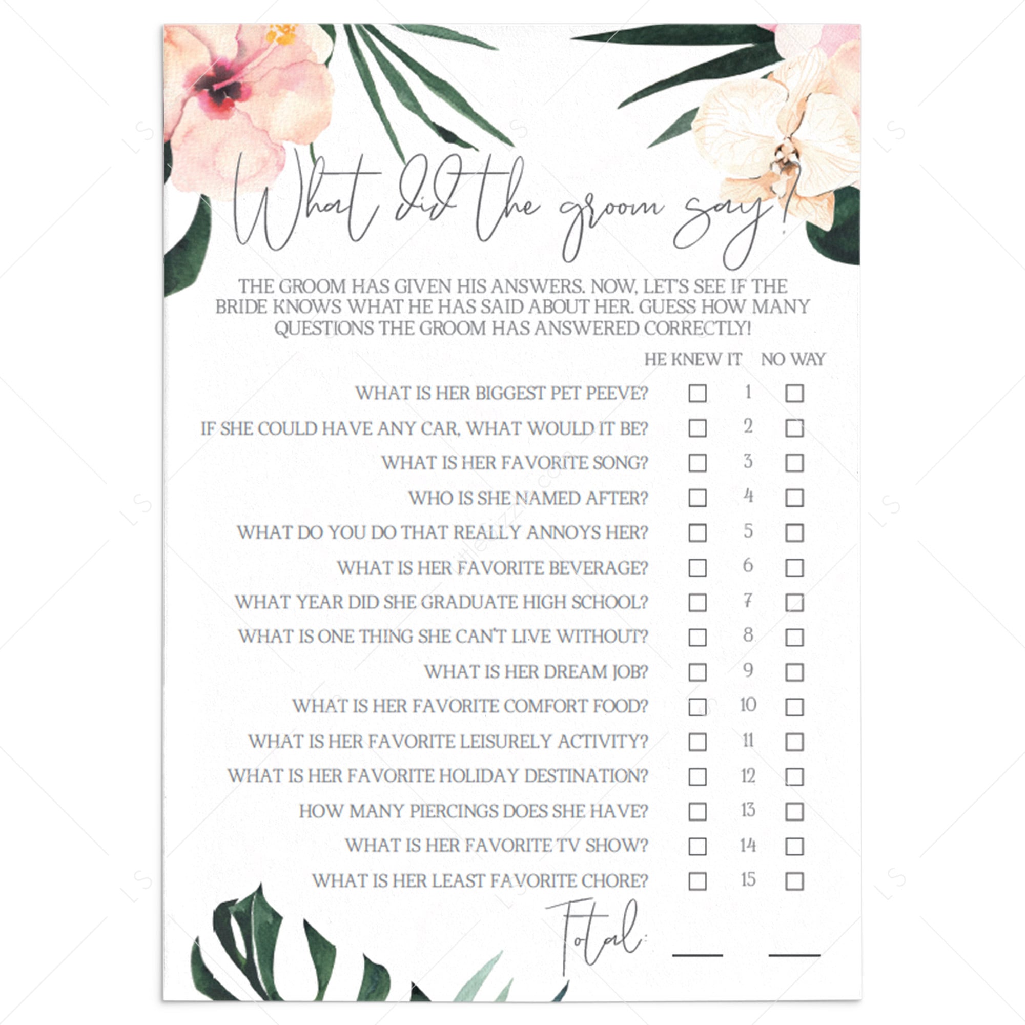 Funny Wedding Shower Game Template What Did The Groom Say? LittleSizzle