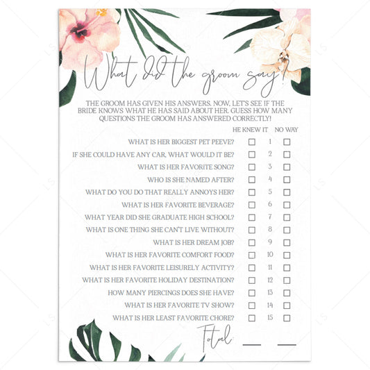 Funny Wedding Shower Game Template What Did The Groom Say by LittleSizzle