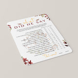 Fall Wedding Shower Game What Did He Say Editable Template