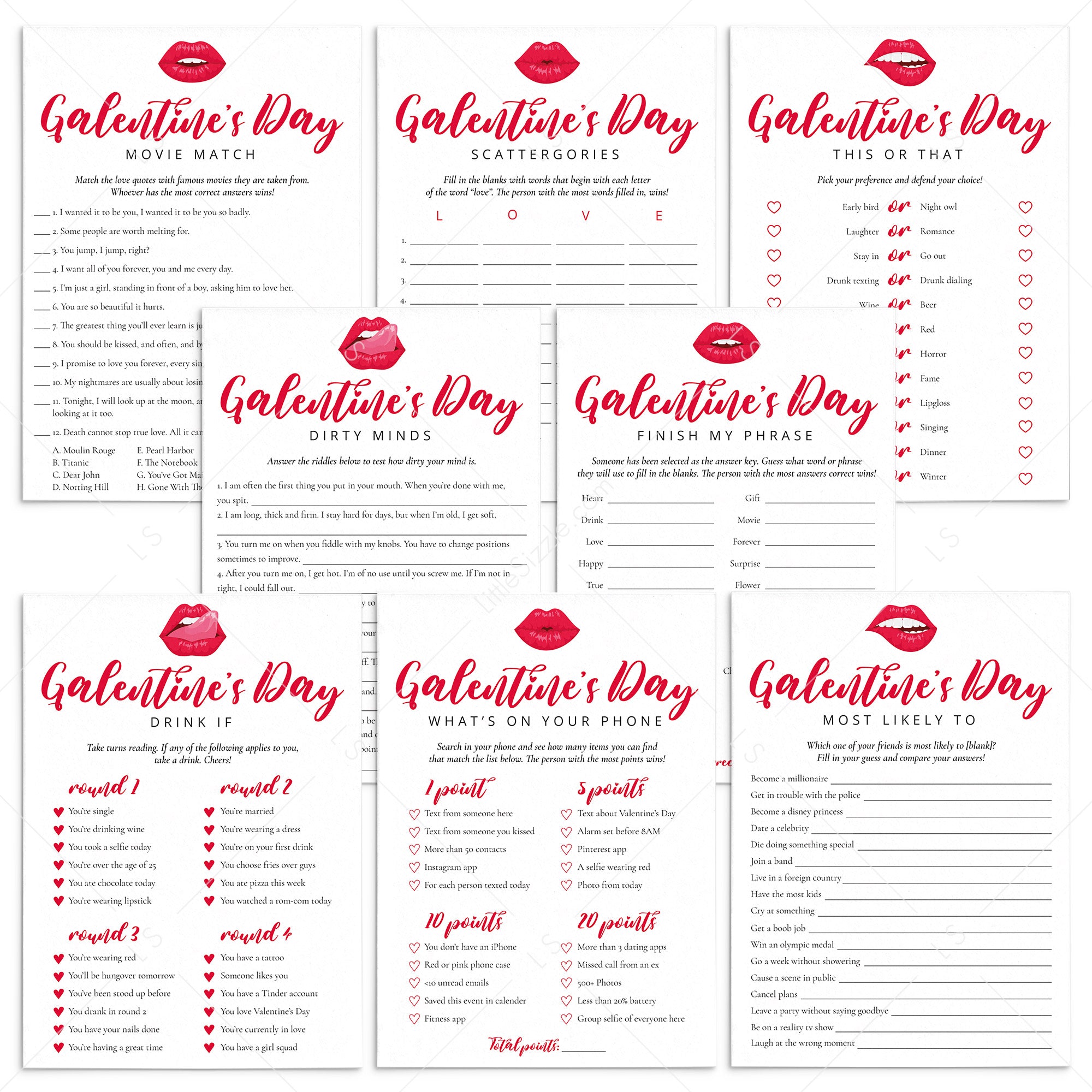 Printable Galentines Day Game Bundle Digital Files by Littlesizzle