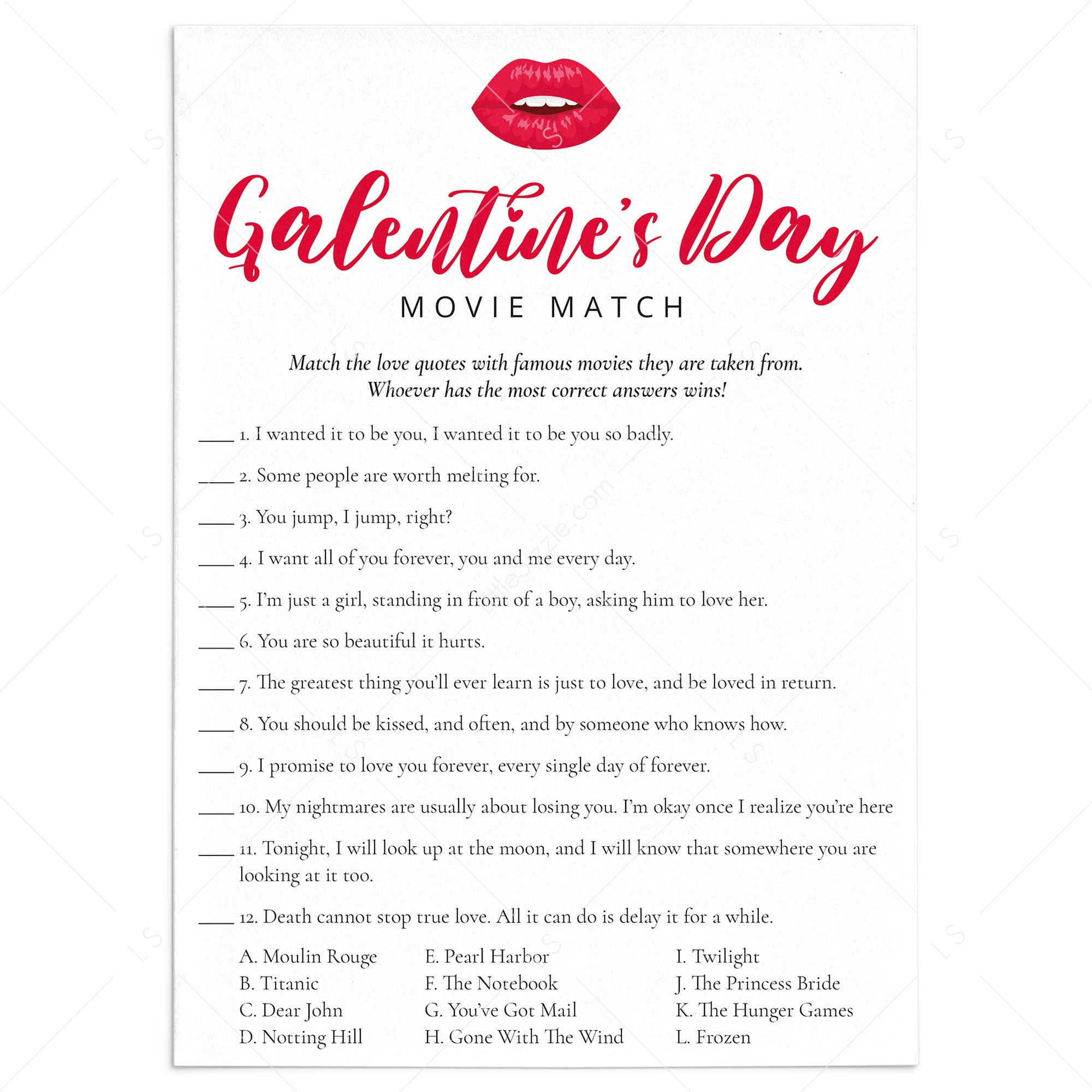 Galentine's Day Game Match The Movie Quote by LittleSizzle