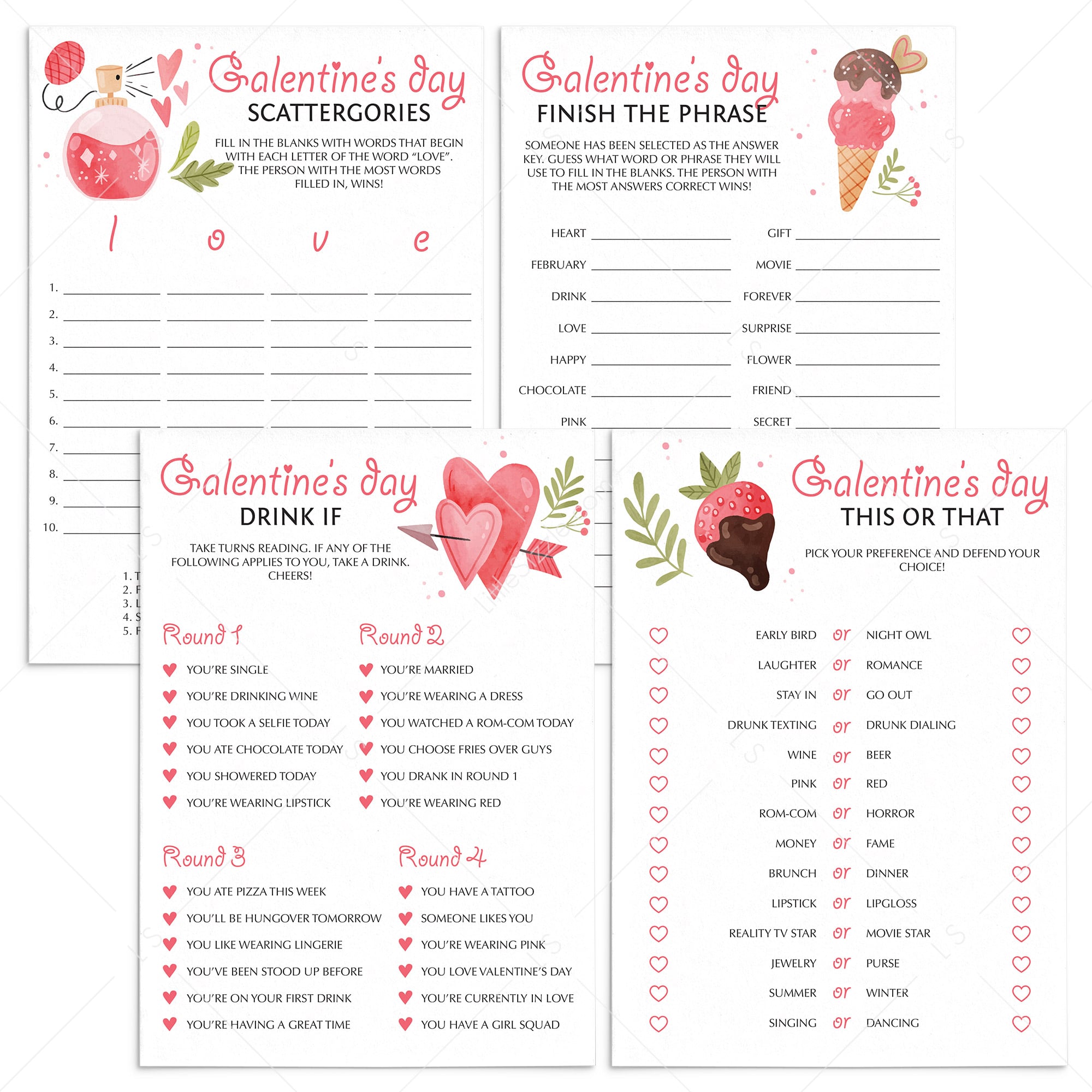 4 Fillable Galentines Day Games Instant Download by LittleSizzle