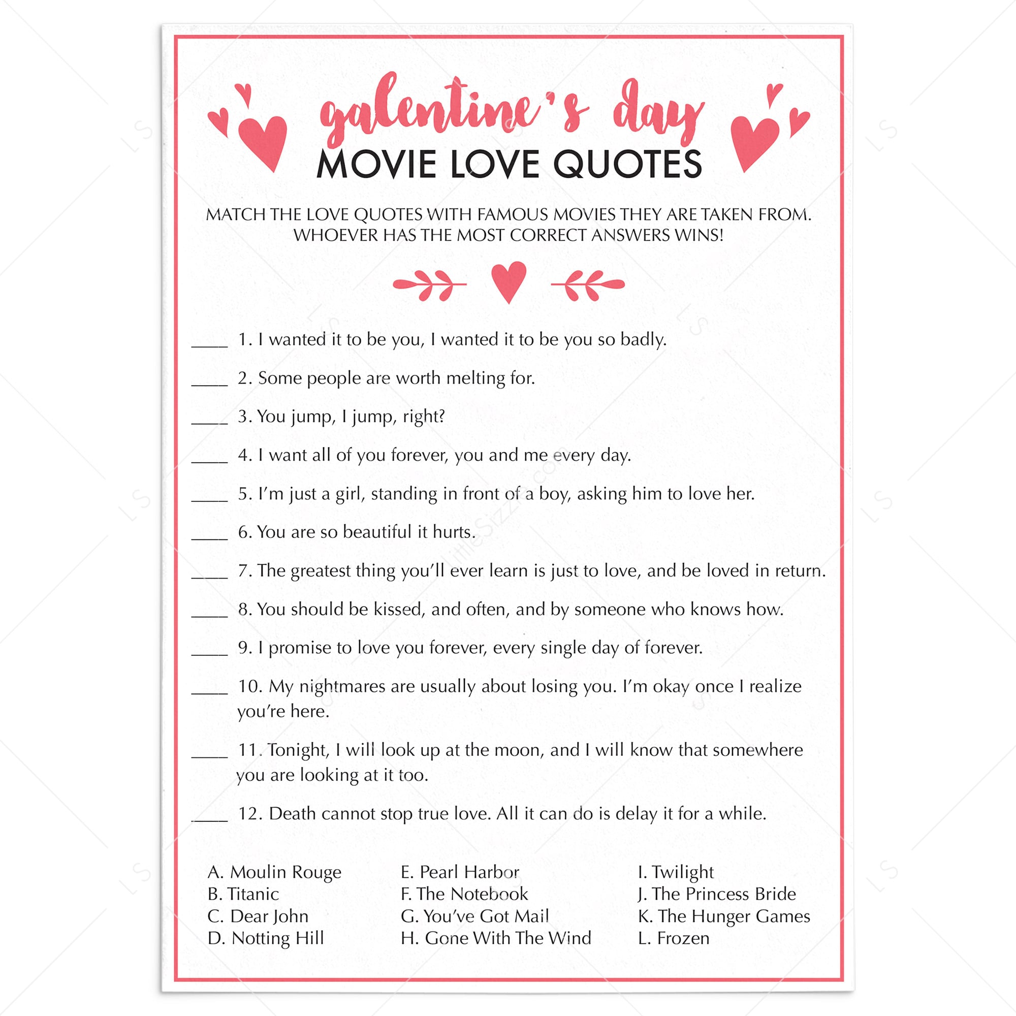 Galentine's Day Chickflick Game Instant Download by LittleSizzle