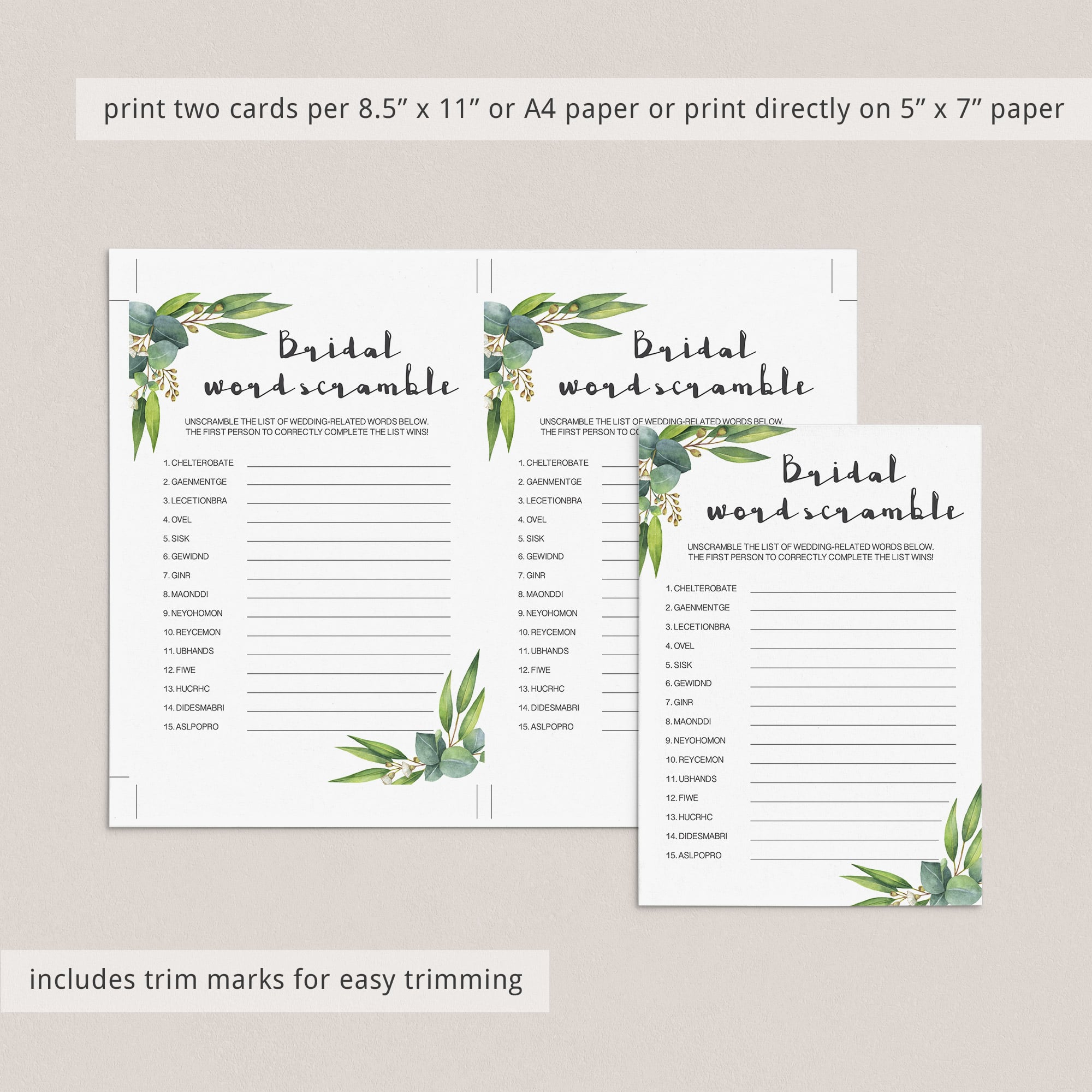 watercolor eucalyptus bridal shower games printable