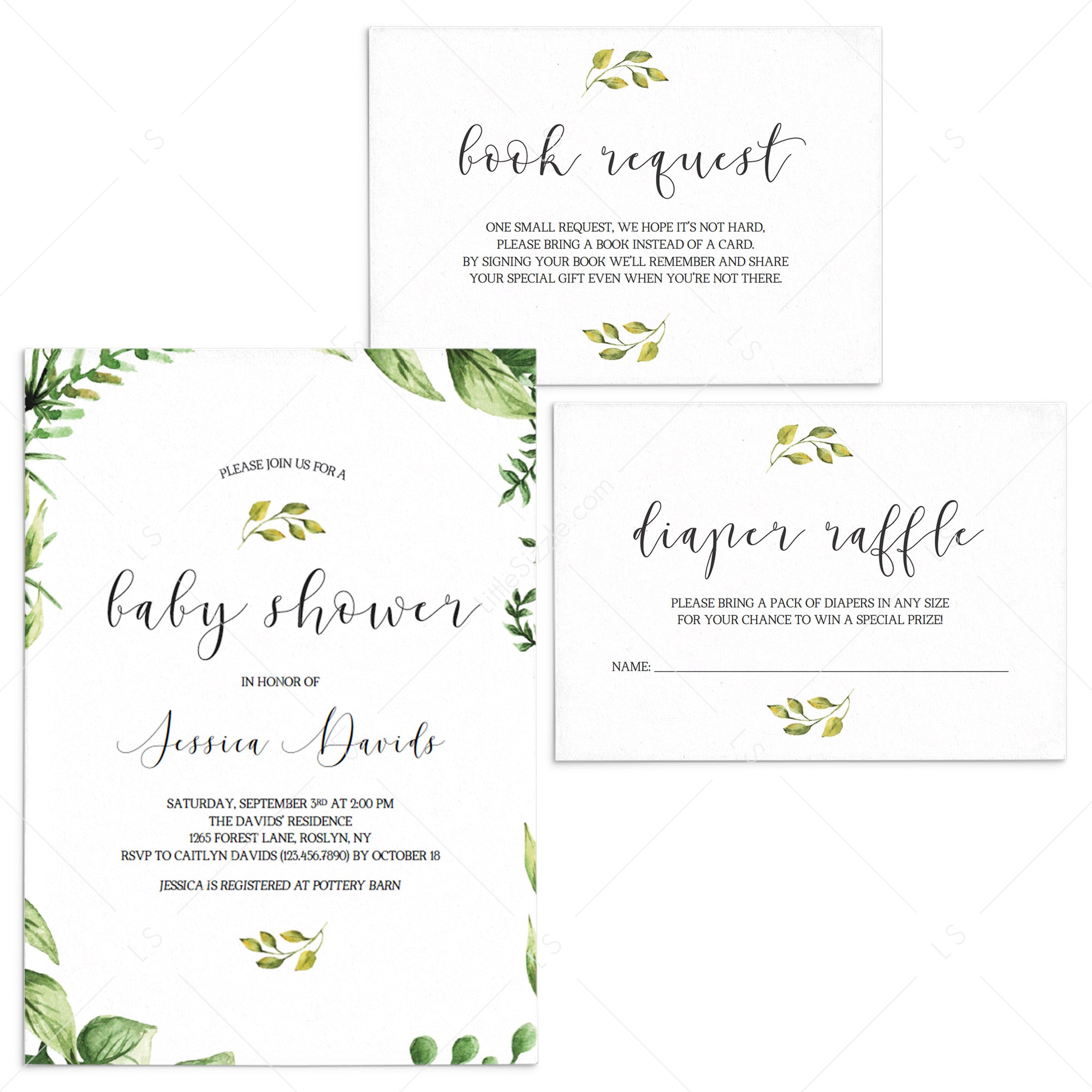Classic baby shower invitation set templates greenery themed by LittleSizzle