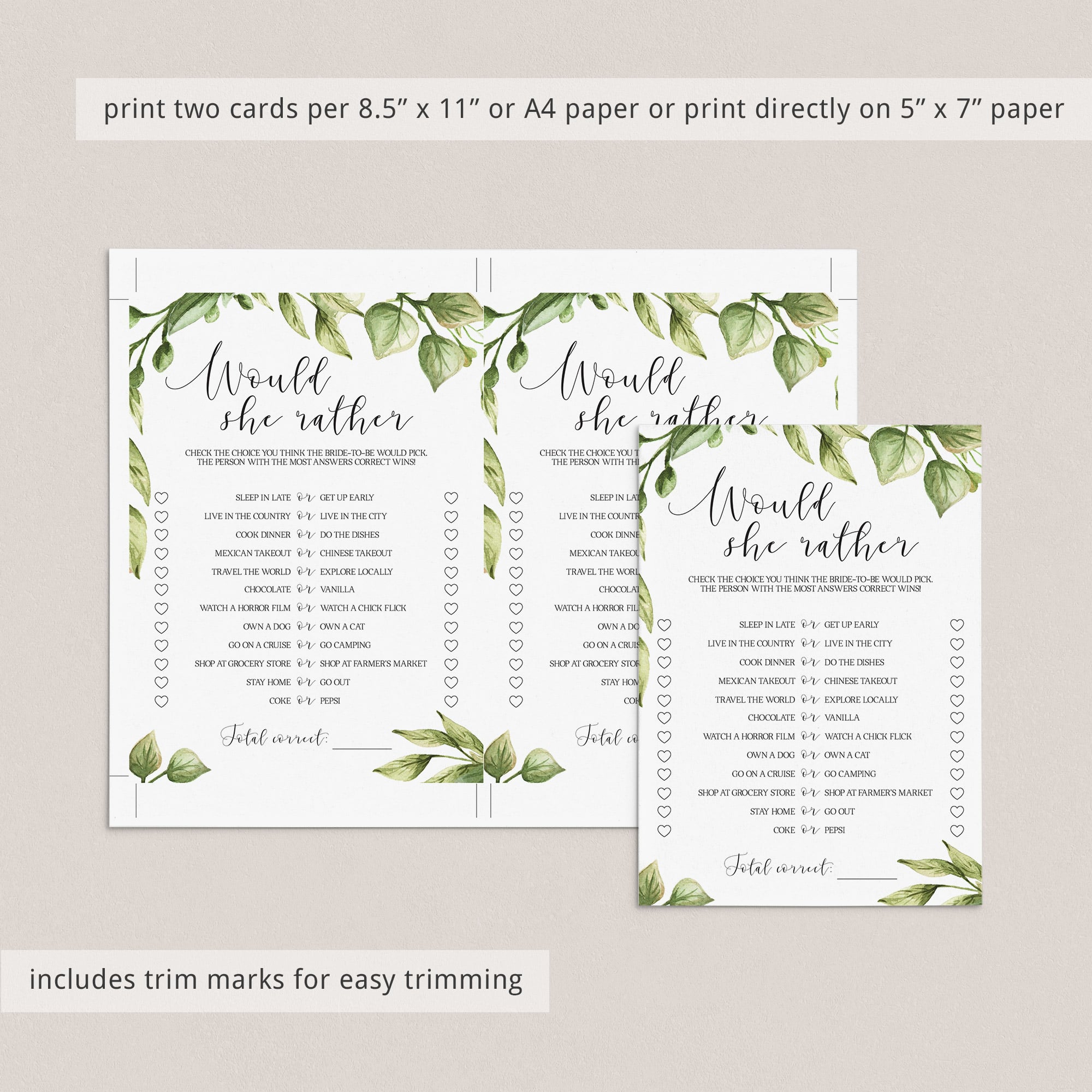 forest bridal shower game would she rather printables