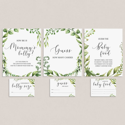 Greenery baby shower guessing games package printable by LittleSizzle