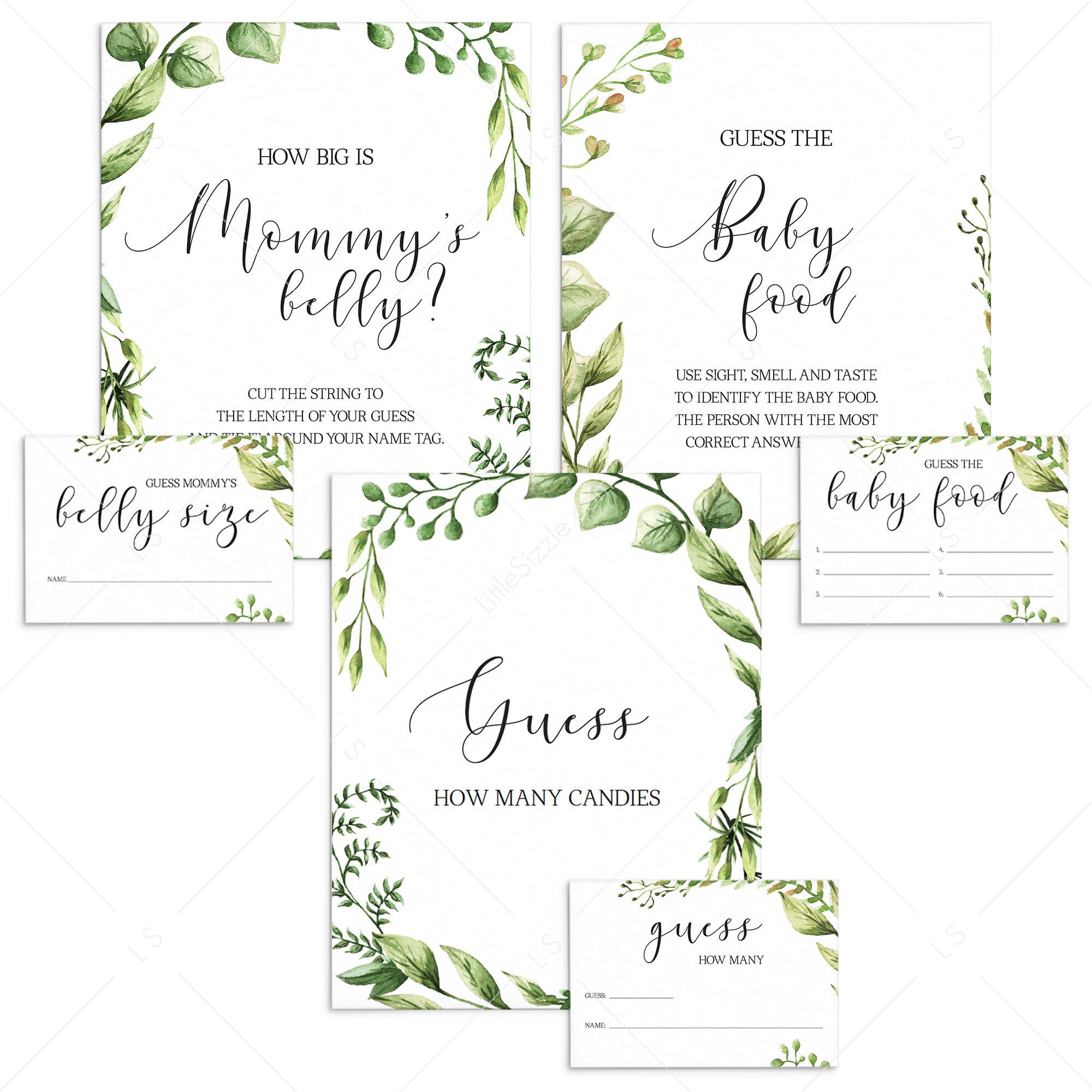 Greenery baby shower guessing games package printable by LittleSizzle