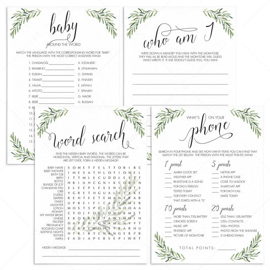 Leaf Baby Shower Games Package Instant Downloadable PDF by LittleSizzle