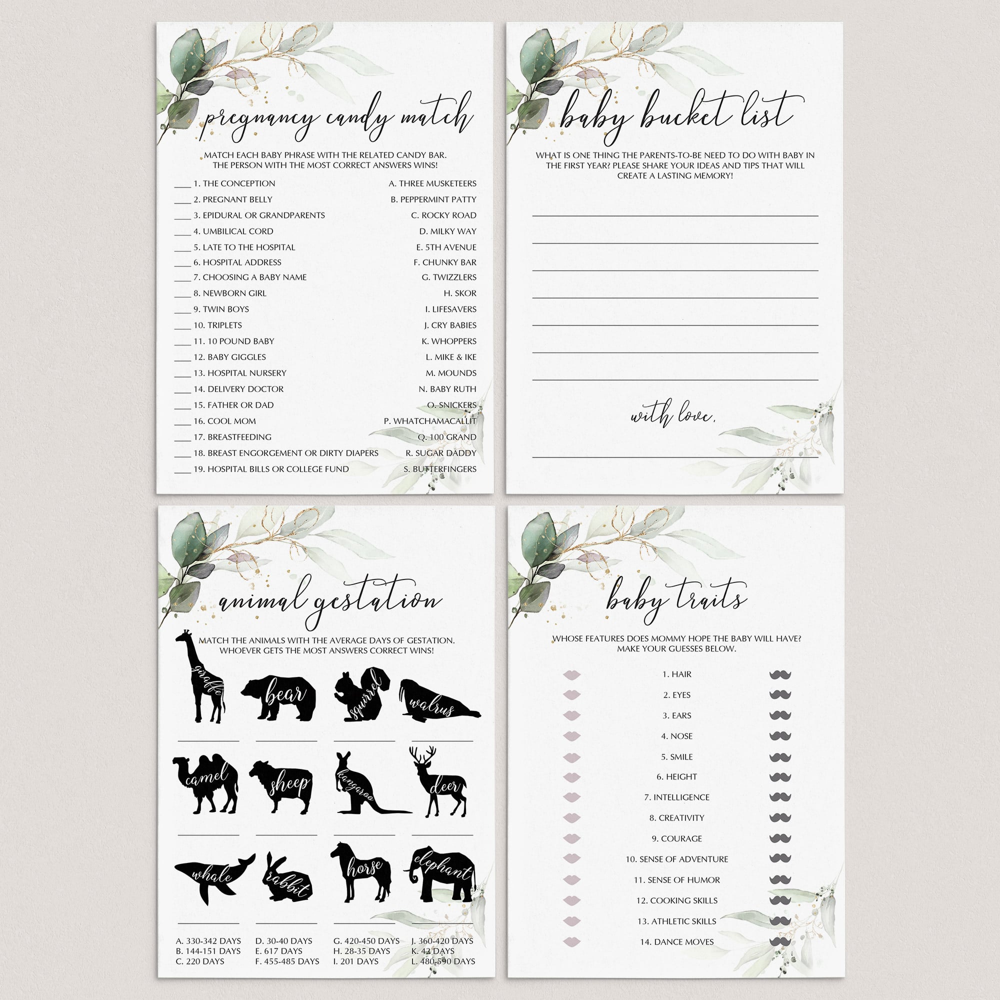 Green and Gold Theme Baby Shower Games Printable by LittleSizzle