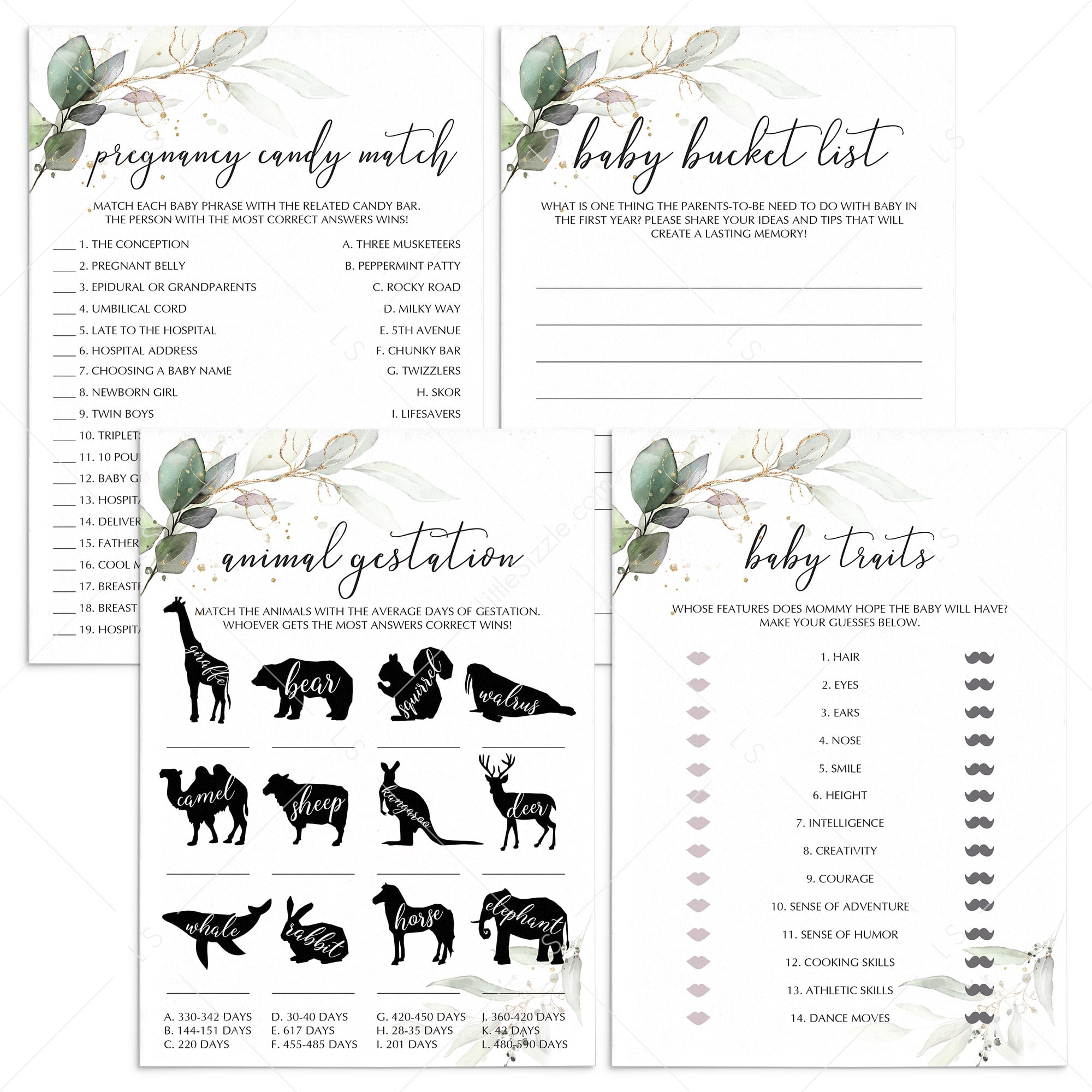 Green and Gold Theme Baby Shower Games Printable by LittleSizzle