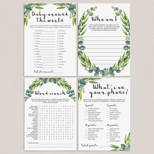 Eucalyptus Baby Shower Games Pack Digital Files