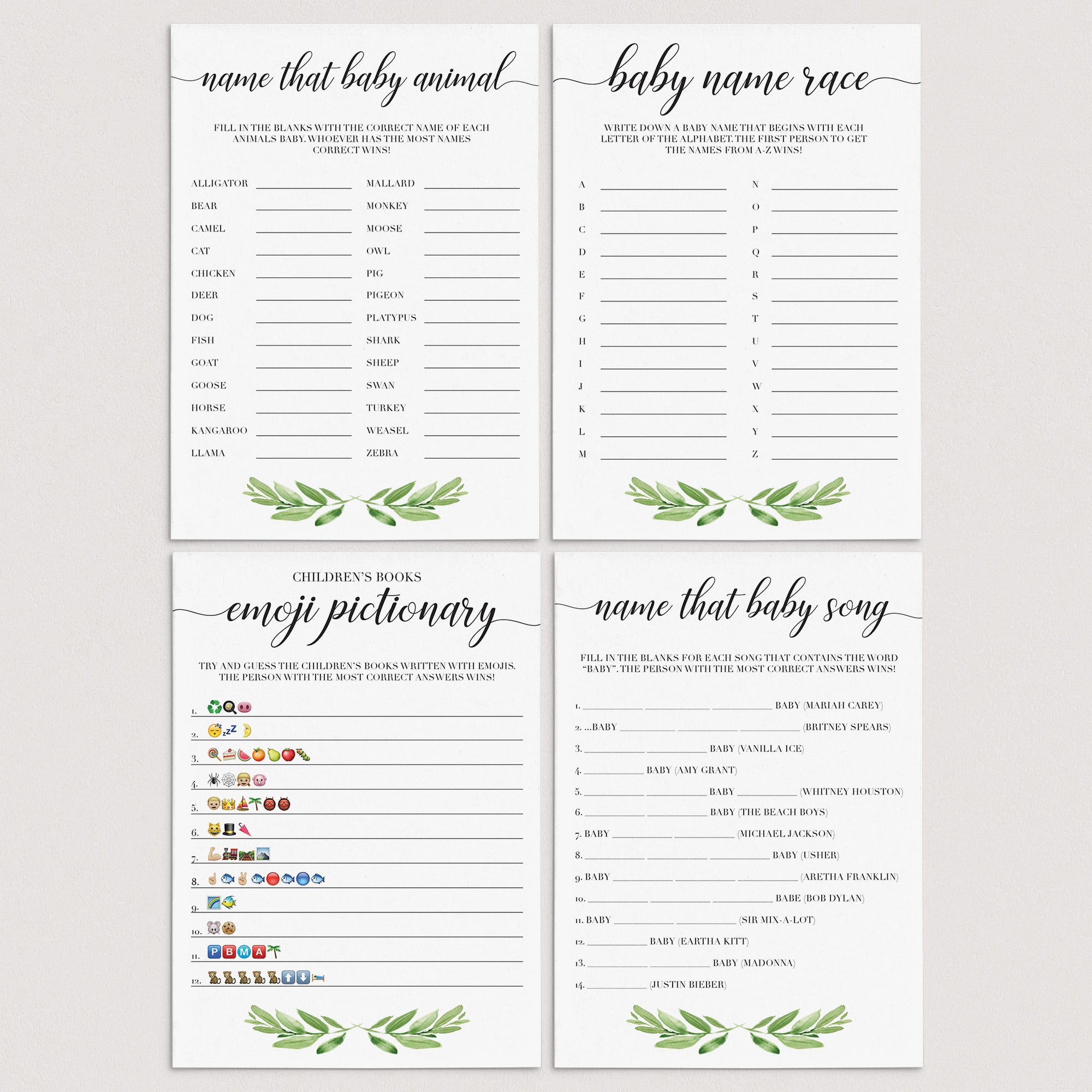 Watercolor leaves baby shower game bundle by LittleSizzle