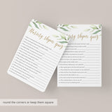 Watercolor Greenery Baby Shower Nursery Rhyme Game