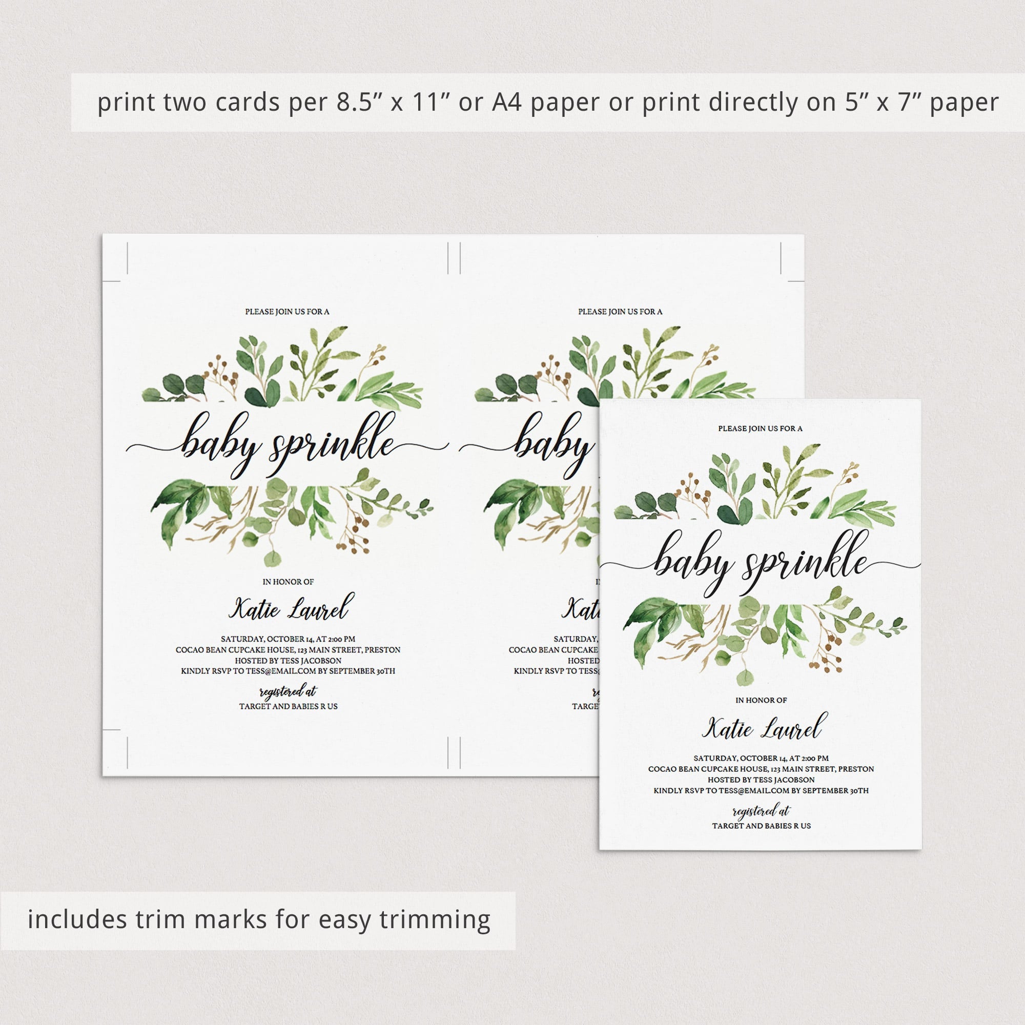 Greenery sprinkle invitation template for gender neutral baby sprinkle by LittleSizzle
