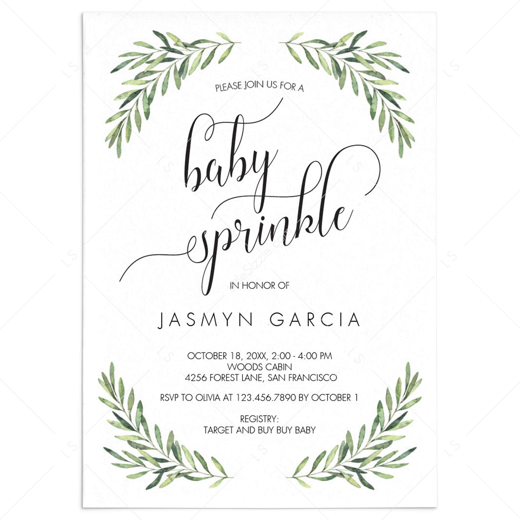 Greenery Leaf Baby Sprinkle Invitation Template by LittleSizzle