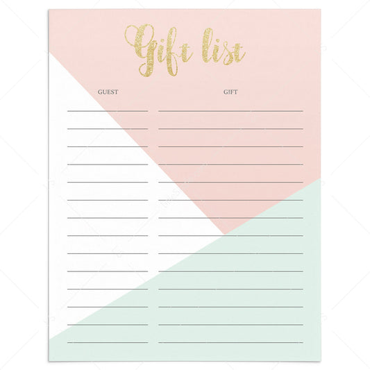 Pink and Mint Baby Shower Gift List Instant Download by LittleSizzle