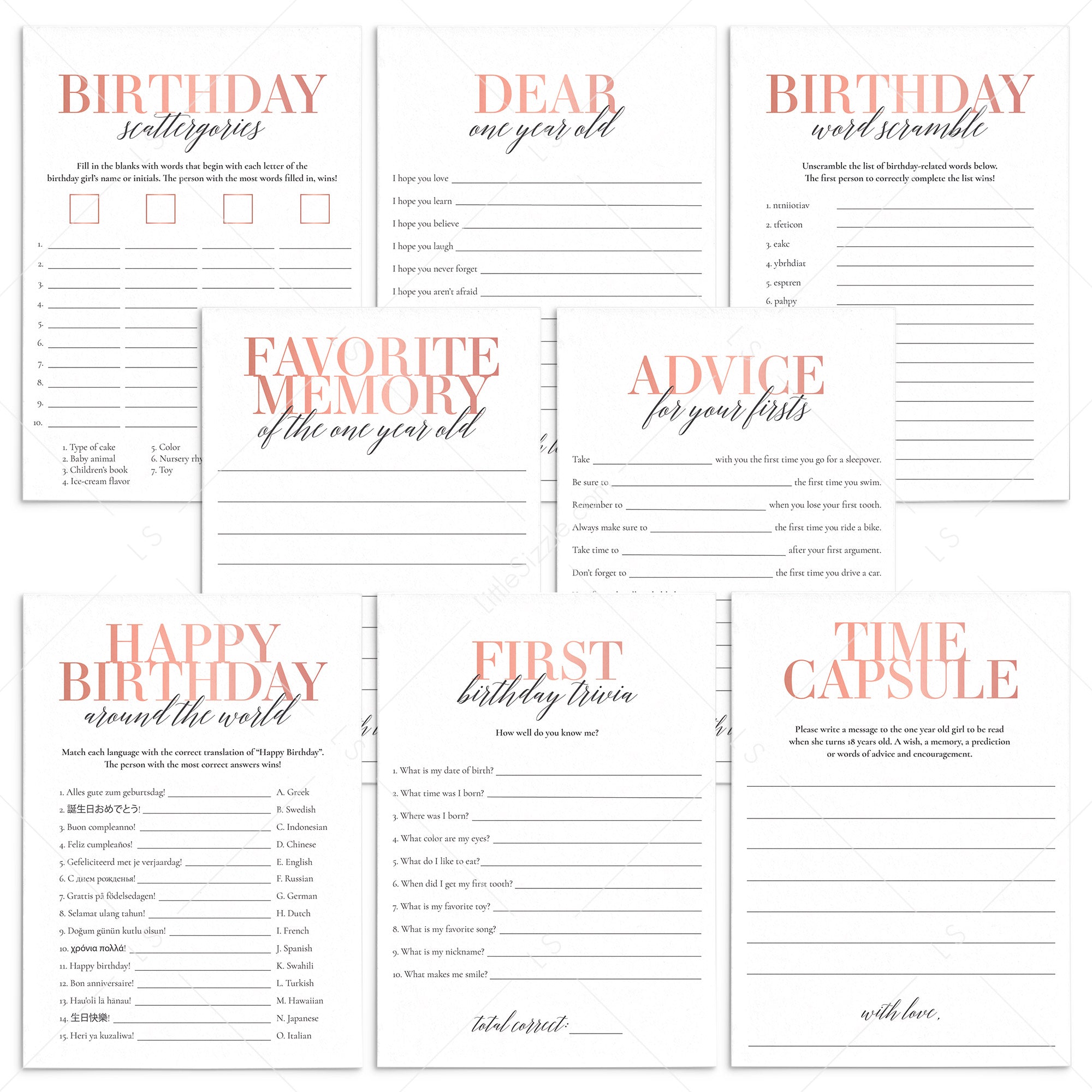 Girl 1st Birthday Party Games and Activities Printable by LittleSizzle