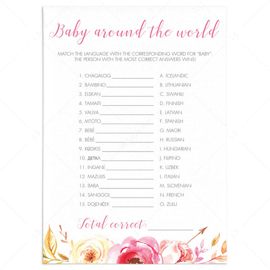 Pink Floral Baby Shower Game Baby Around The World by LittleSizzle