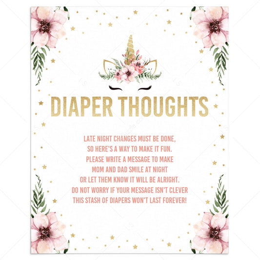 Baby Shower Diaper Thoughts Sign Template Floral Unicorn by LittleSizzle