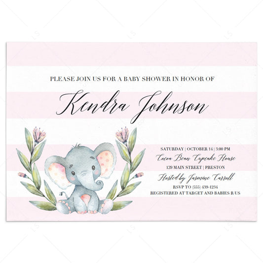 Pink Elephant baby shower invitation template download by LittleSizzle
