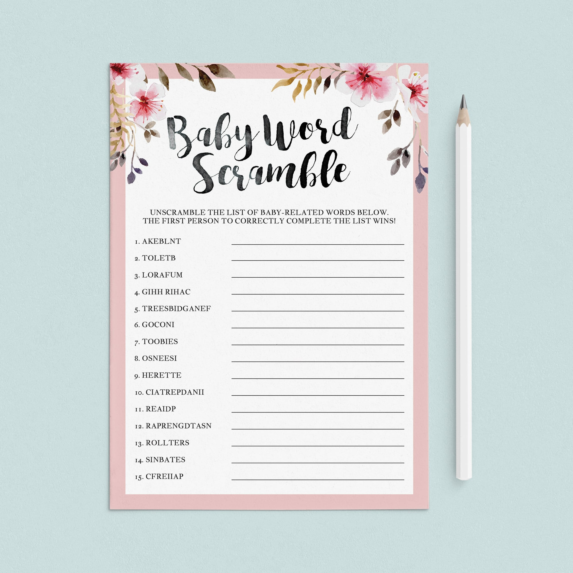 Girl baby shower scrambled words game printable by LittleSizzle