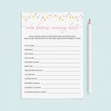 Instant download who knows mommy game for girl baby sprinkle by LittleSizzle