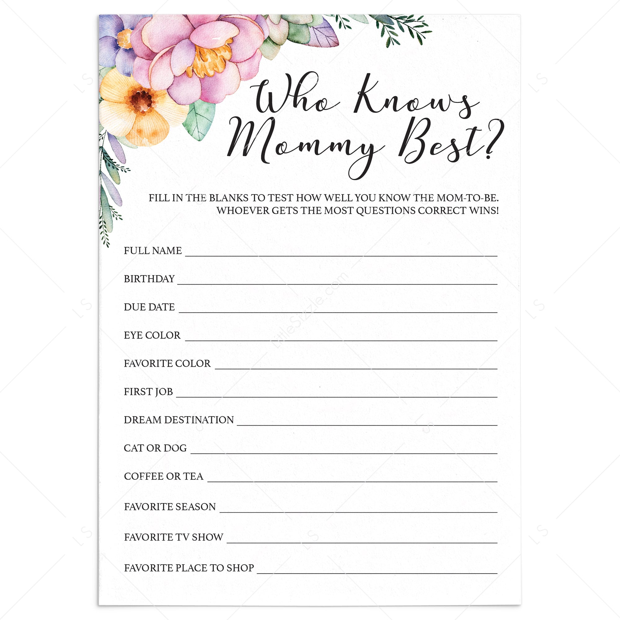 Printable girl baby sprinkle game with pink flowers by LittleSizzle