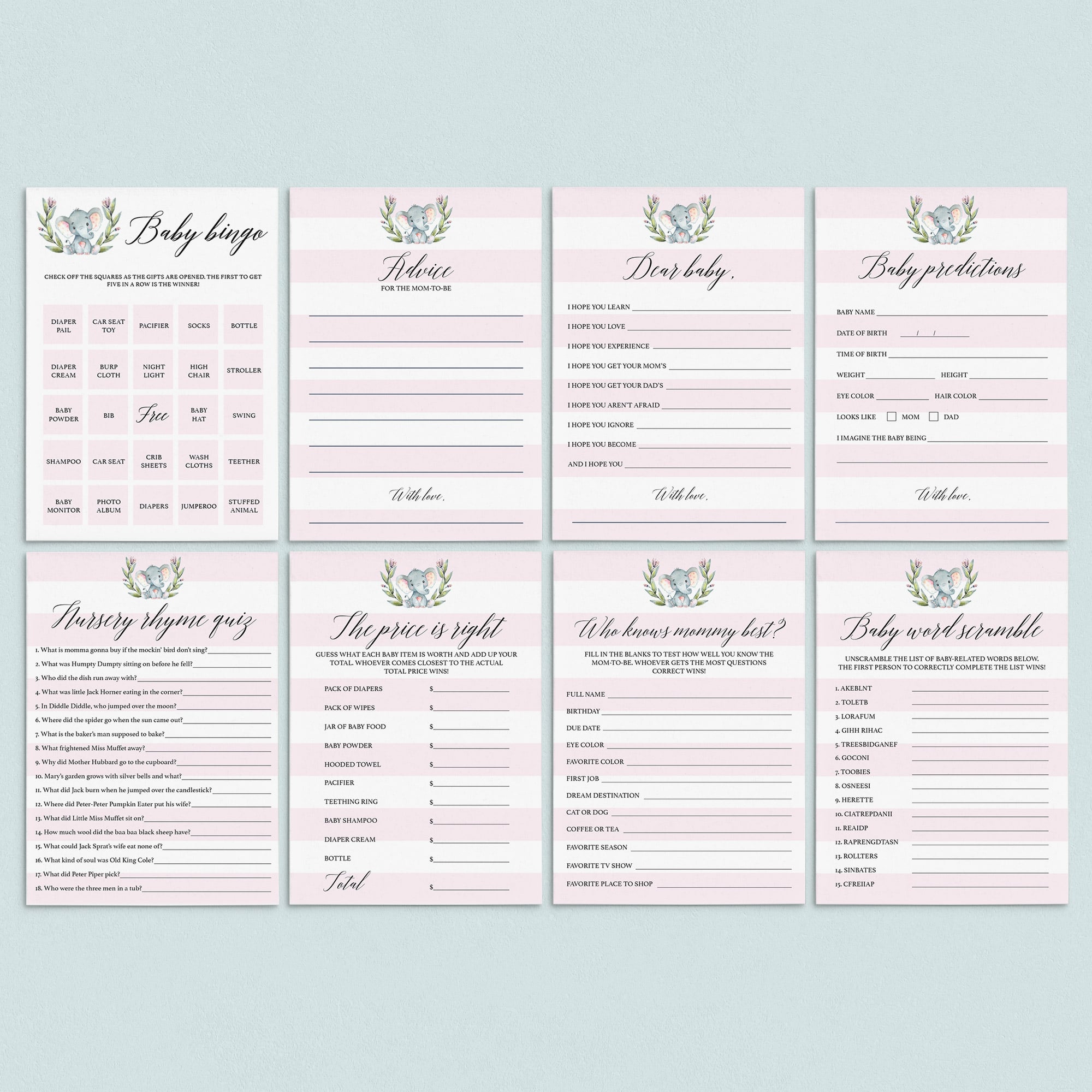 Pink and white striped baby shower games for elephant themed party by LittleSizzle