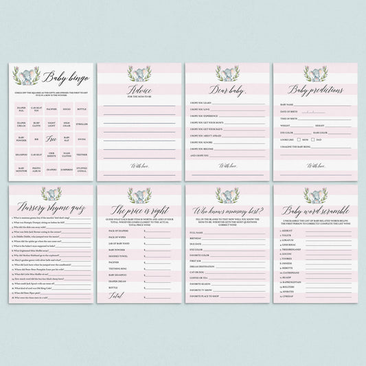 Pink and white striped baby shower games for elephant themed party by LittleSizzle