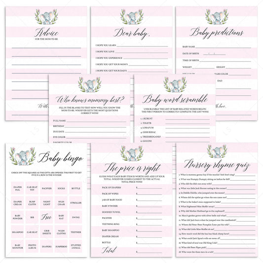 Pink and white striped baby shower games for elephant themed party by LittleSizzle