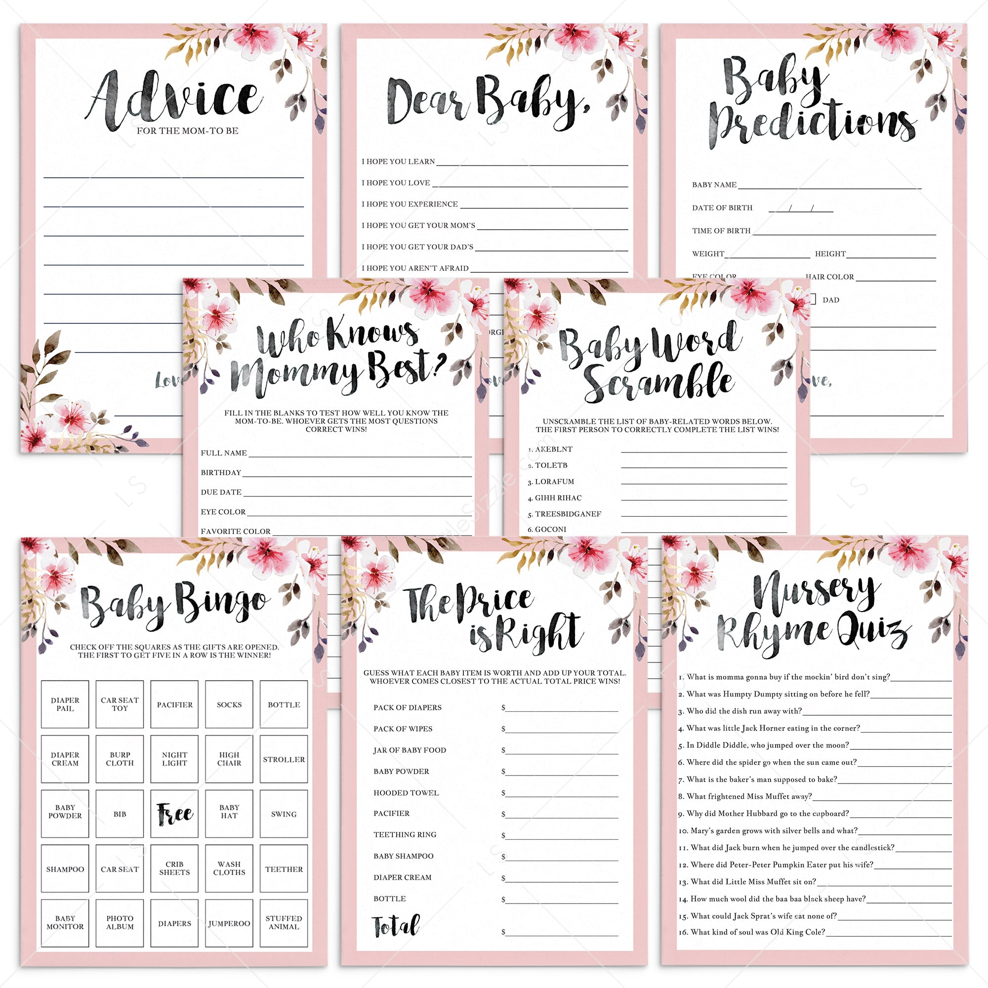 Blush pink baby shower game bundle for girls by LittleSizzle
