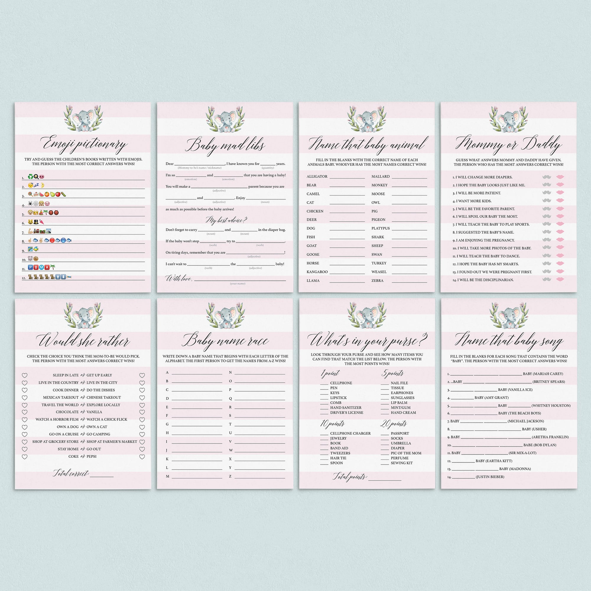 Printable Girl Baby Party Games Kit Pink and White by LittleSizzle