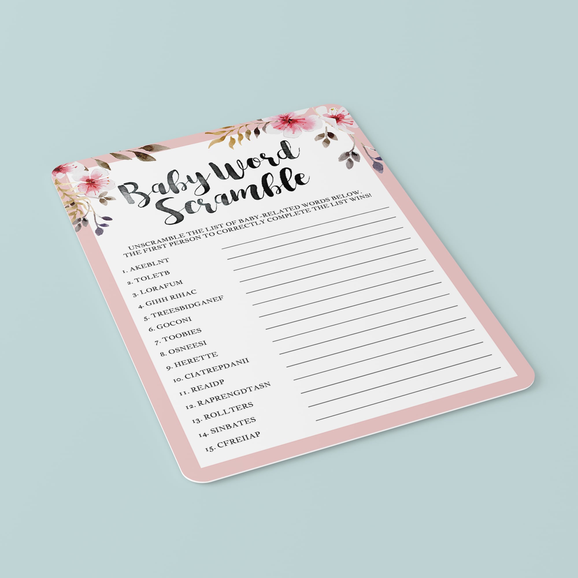 Pink baby word scramble game for girl baby party printable by LittleSizzle