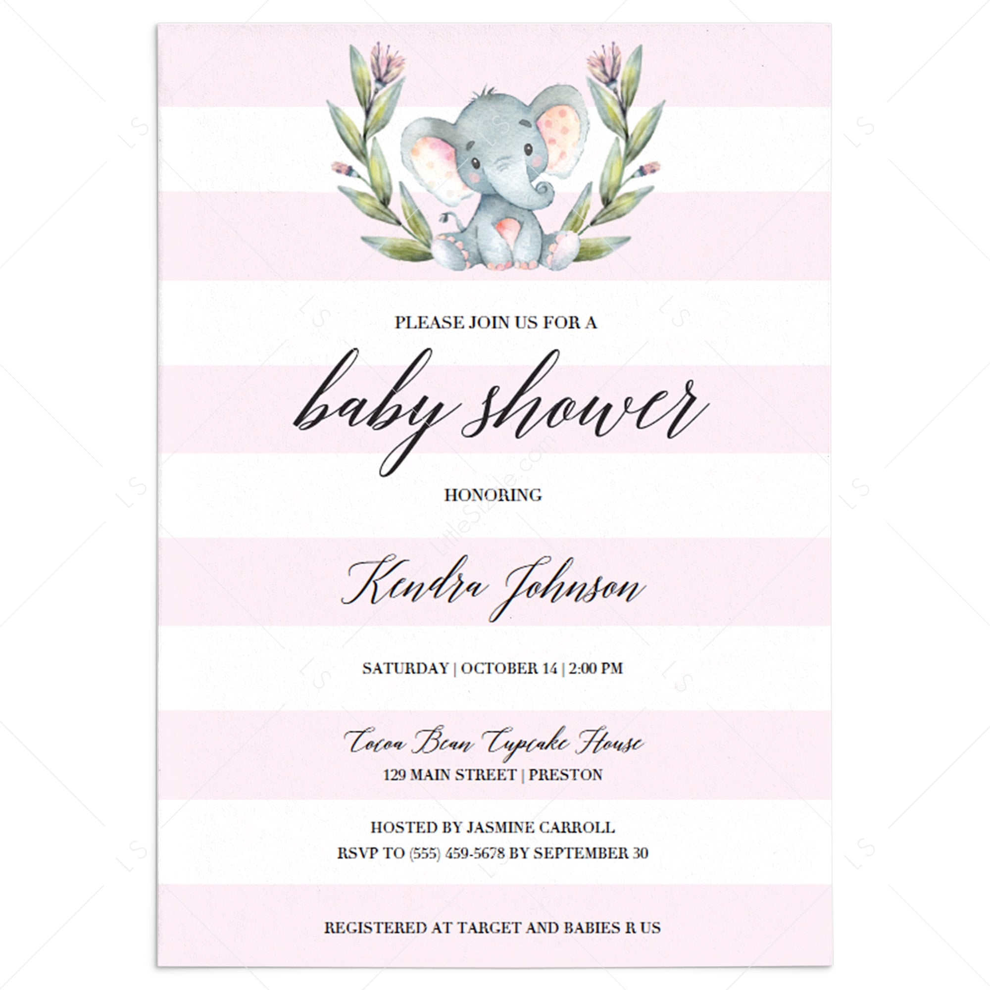 Pink Elephant baby shower invitation template download by LittleSizzle