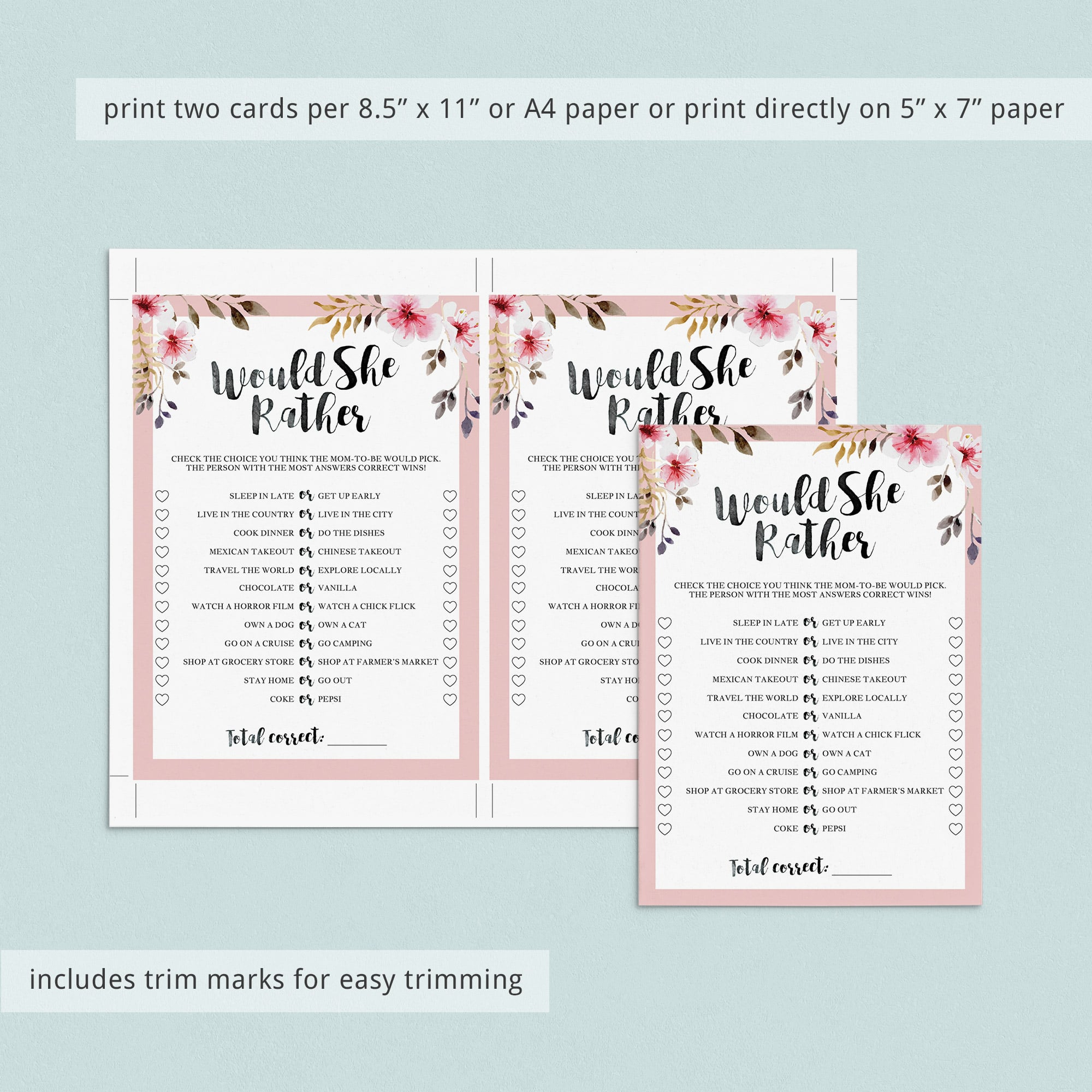 Would she rather babyshower game watercolor flowers by LittleSizzle