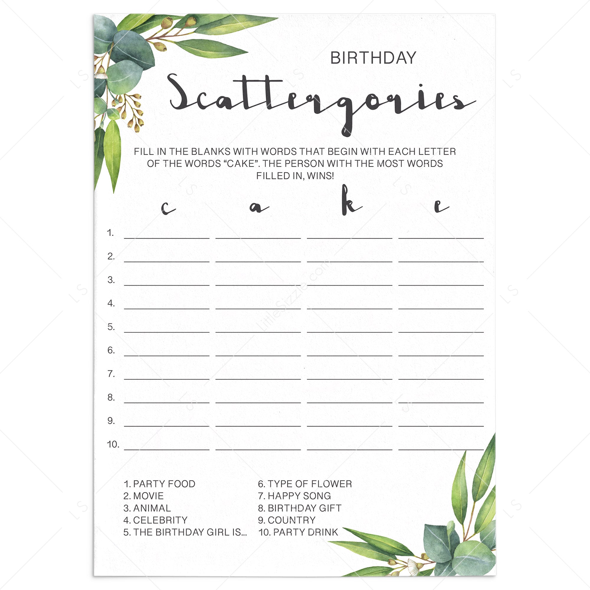 Eucalyptus Birthday Party Ideas Scattergories Game Printable by LittleSizzle