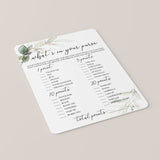 What's In Your Purse Game Printable Greenery and Gold Theme