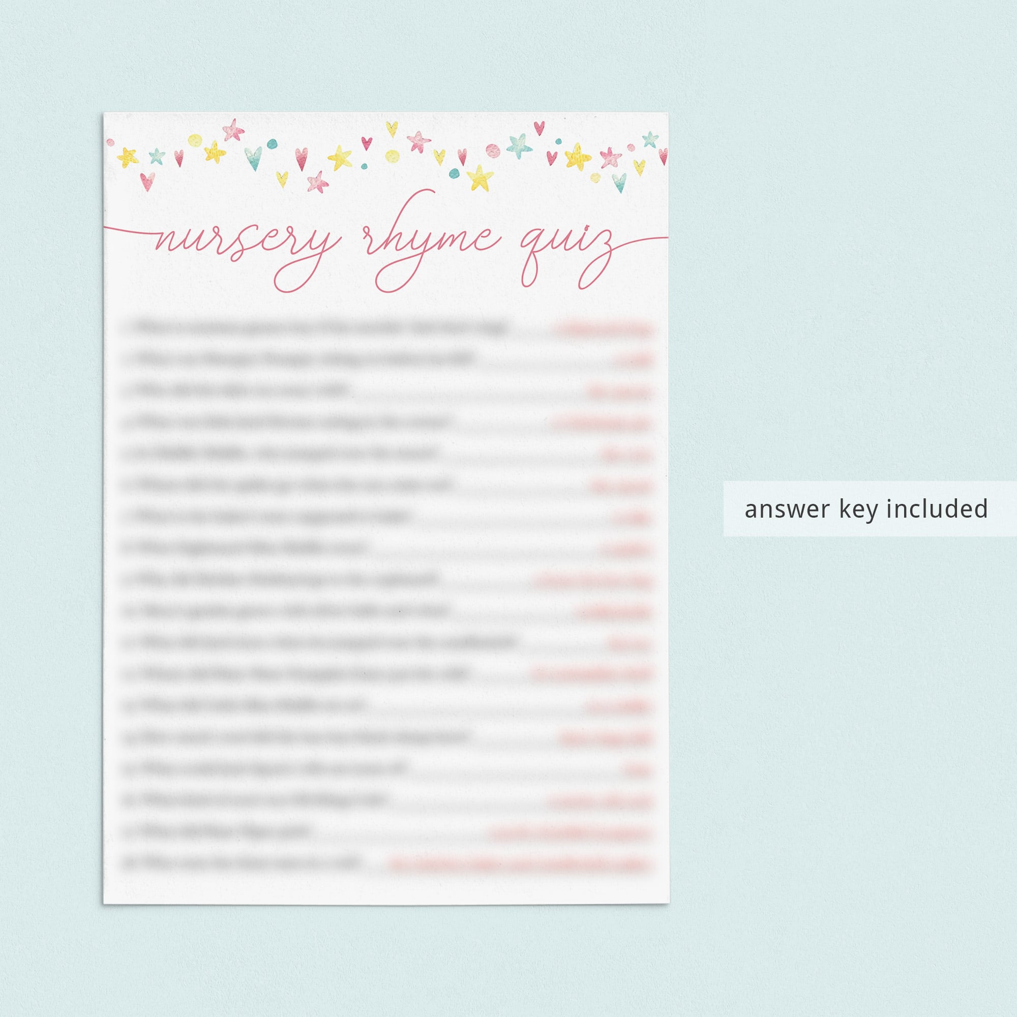 Answer key printable for baby nursery rhyme quiz by LittleSizzle