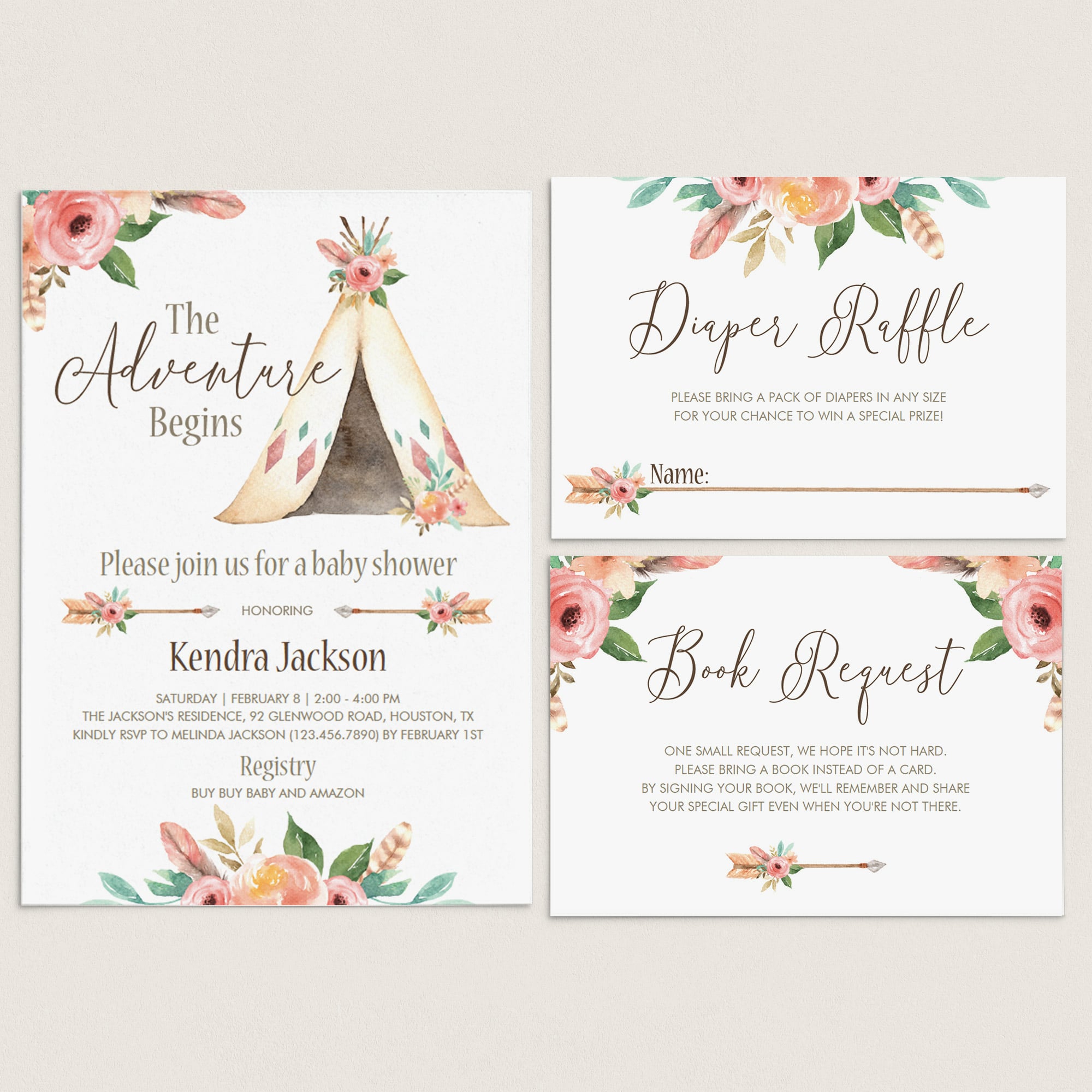 Boho Baby Girl Shower Invitation Set Download
