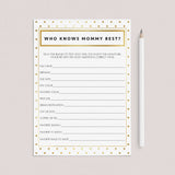 Who knows mommy-to-be best shower game printable chic gold and white by LittleSizzle