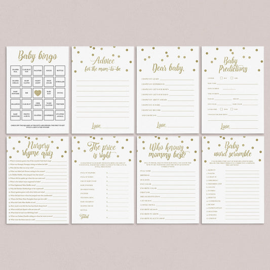 Gold printable baby shower games by LittleSizzle