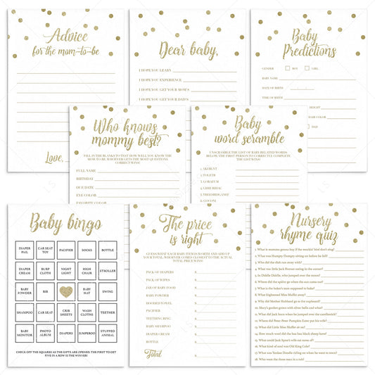 Gold printable baby shower games by LittleSizzle