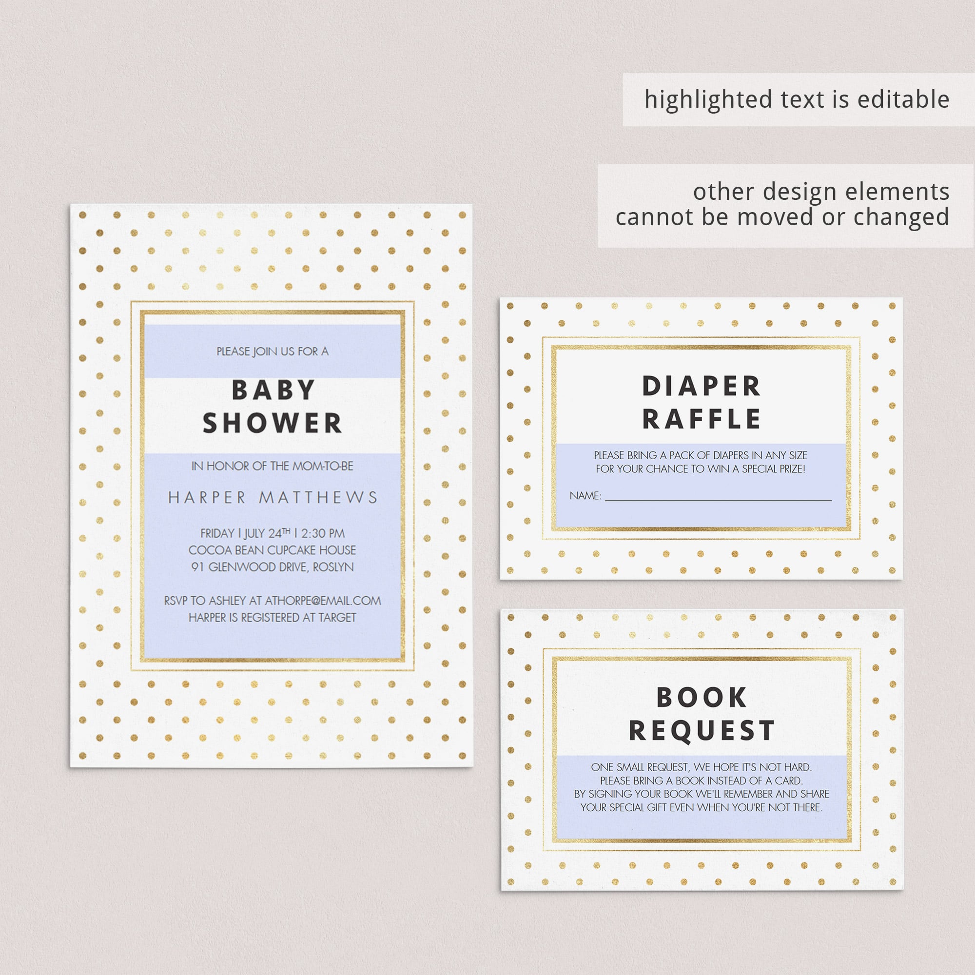Make your own baby shower invitations with this gold baby shower invitation template by LittleSizzle