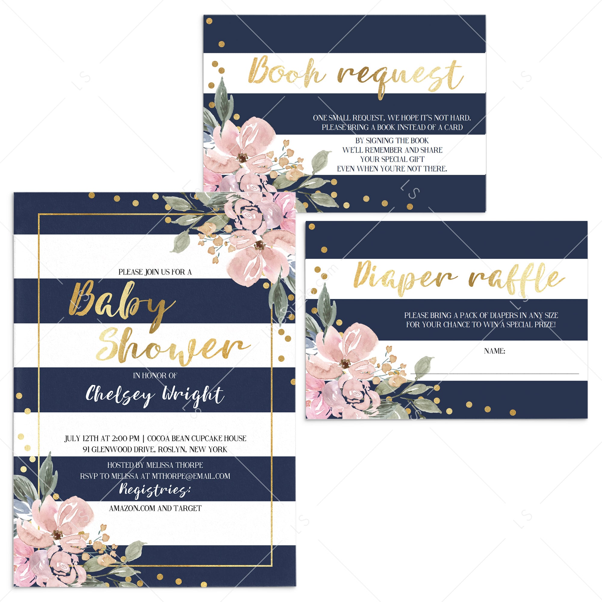 Navy, Pink and Gold Invitation Templates for Baby Shower
