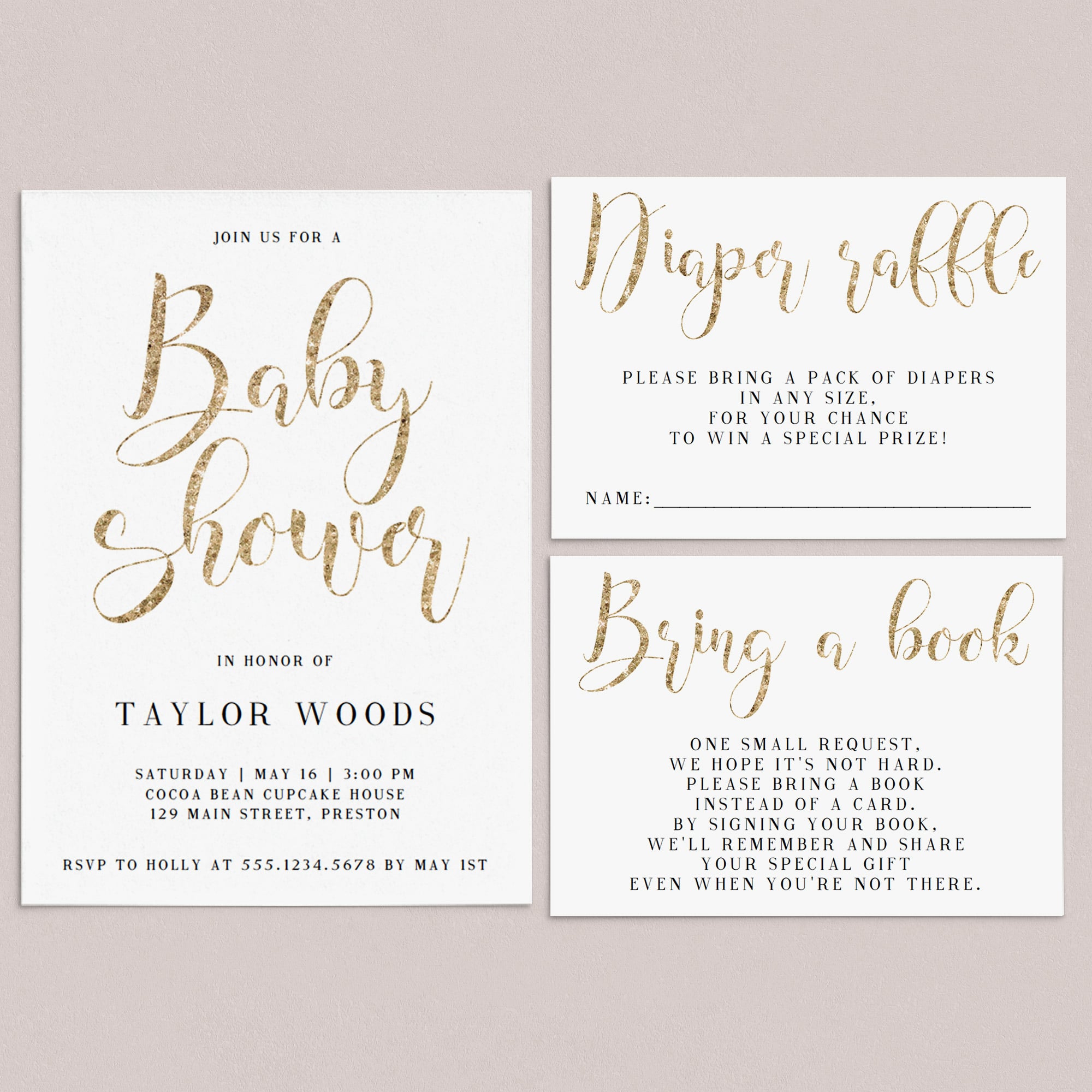 Editable gold baby shower invitation templates by LittleSizzle